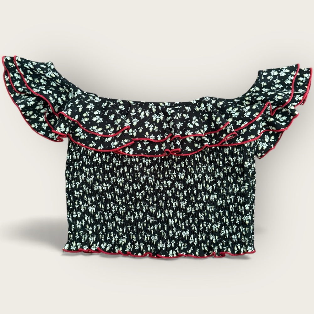 LIKELY Black Floral Smocked Off-the-Shoulder Ruffle Crop Top